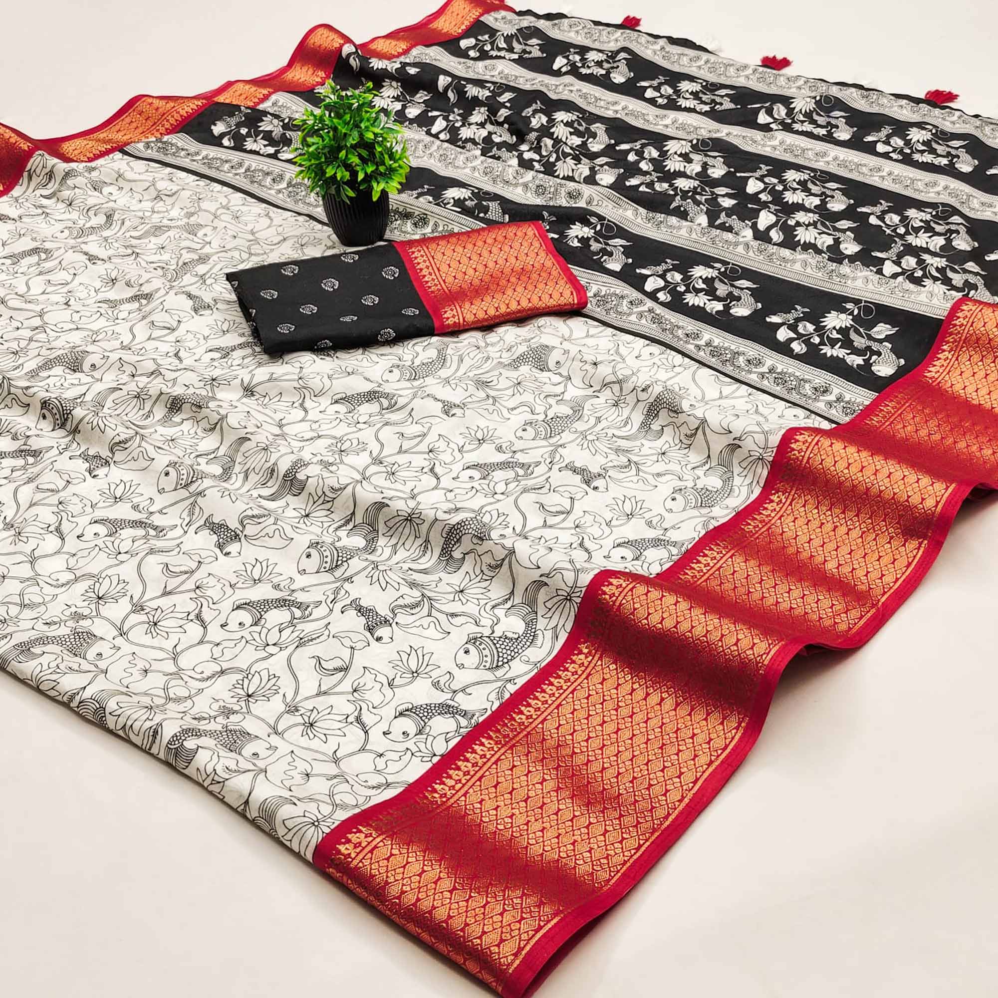 Offwhite & Red Floral Printed Dola Silk Saree With Intricate Woven Border