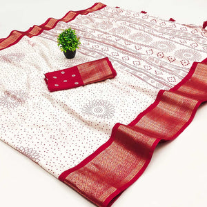 Offwhite & Red Floral Printed Dola Silk Saree With Intricate Woven Border