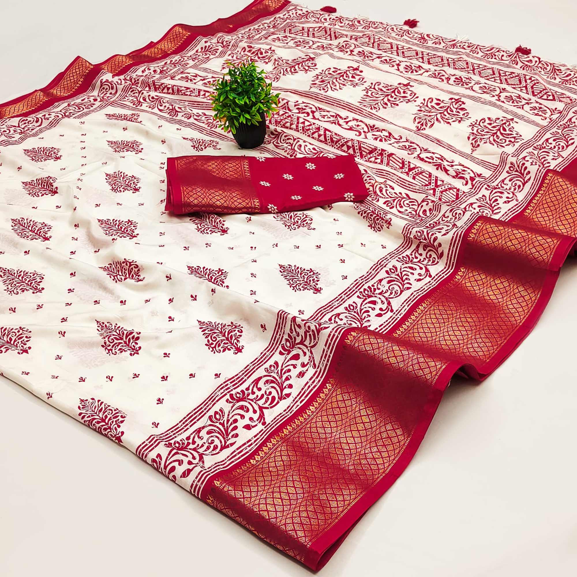 Offwhite & Red Floral Printed Dola Silk Saree With Intricate Woven Border
