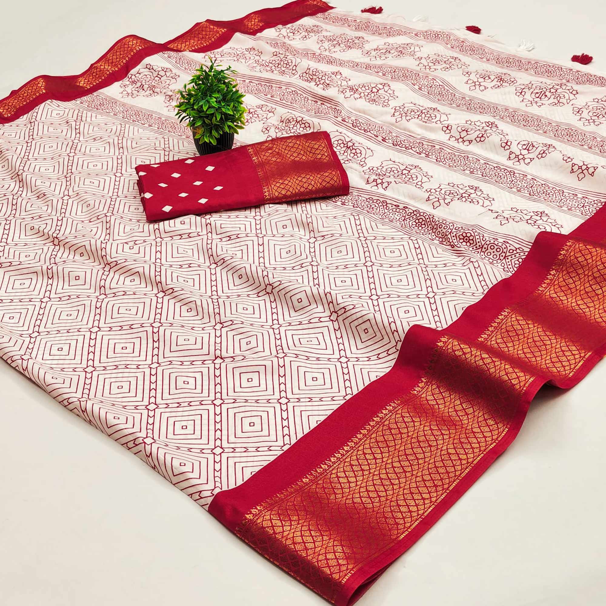 Offwhite & Red Geometric Printed Dola Silk Saree With Intricate Woven Border