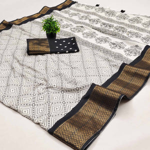Offwhite & Black Geometric Printed Dola Silk Saree With Intricate Woven Border