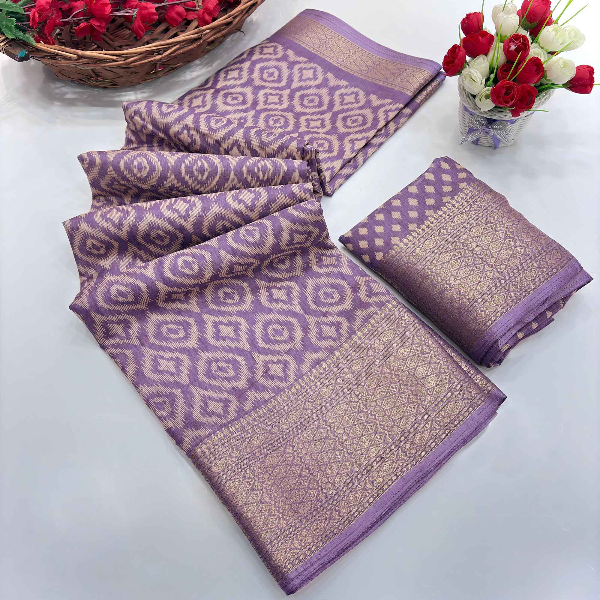 Lavender Ikkat Printed Dola Silk Saree Highlighted With Premium Zari Weaving Border