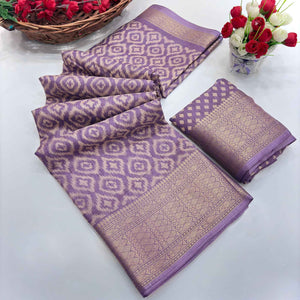 Lavender Ikkat Printed Dola Silk Saree Highlighted With Premium Zari Weaving Border