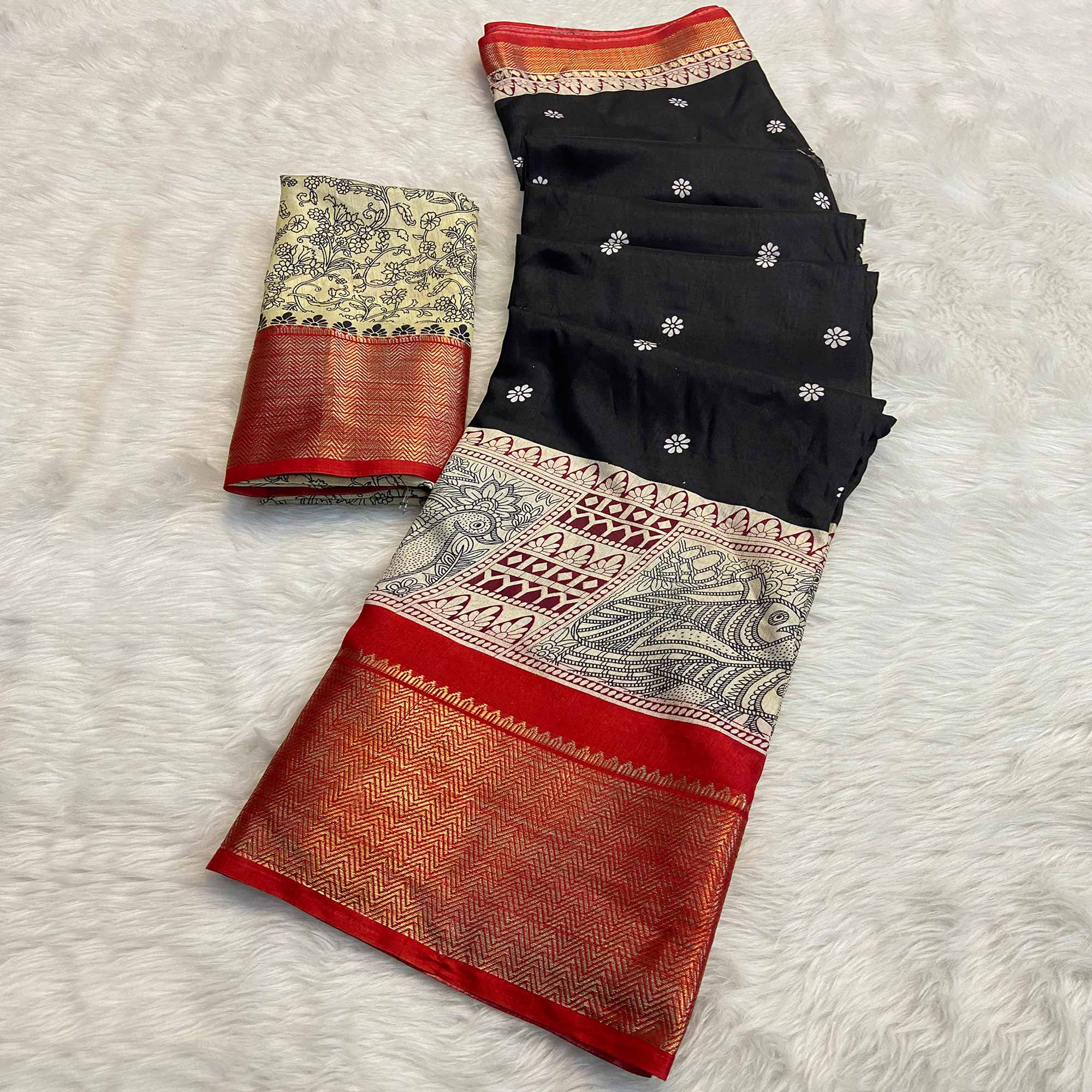 Black Floral Printed Dola Silk Saree With Woven Border