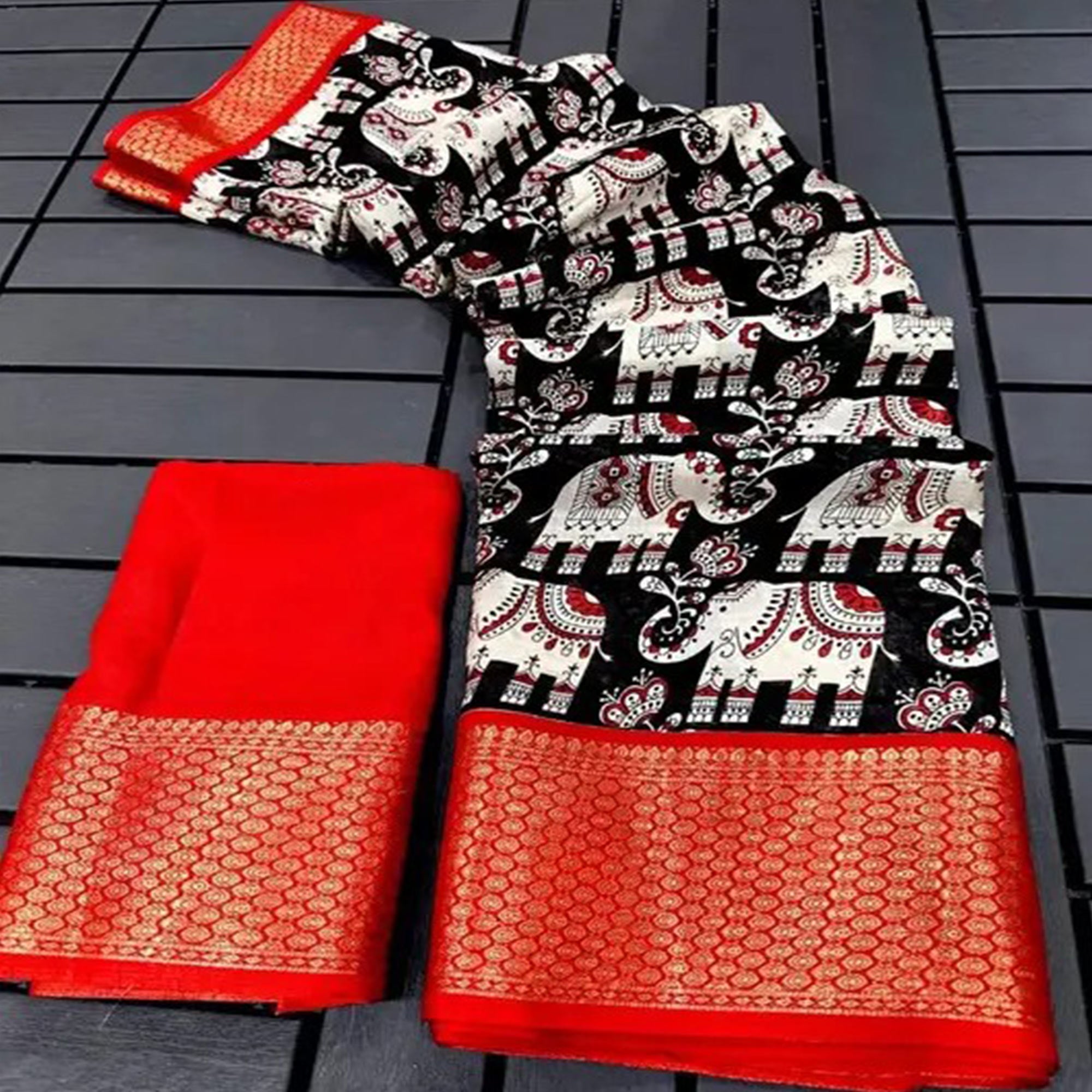 Black & Red Floral Printed Dola Silk Saree With Woven Border