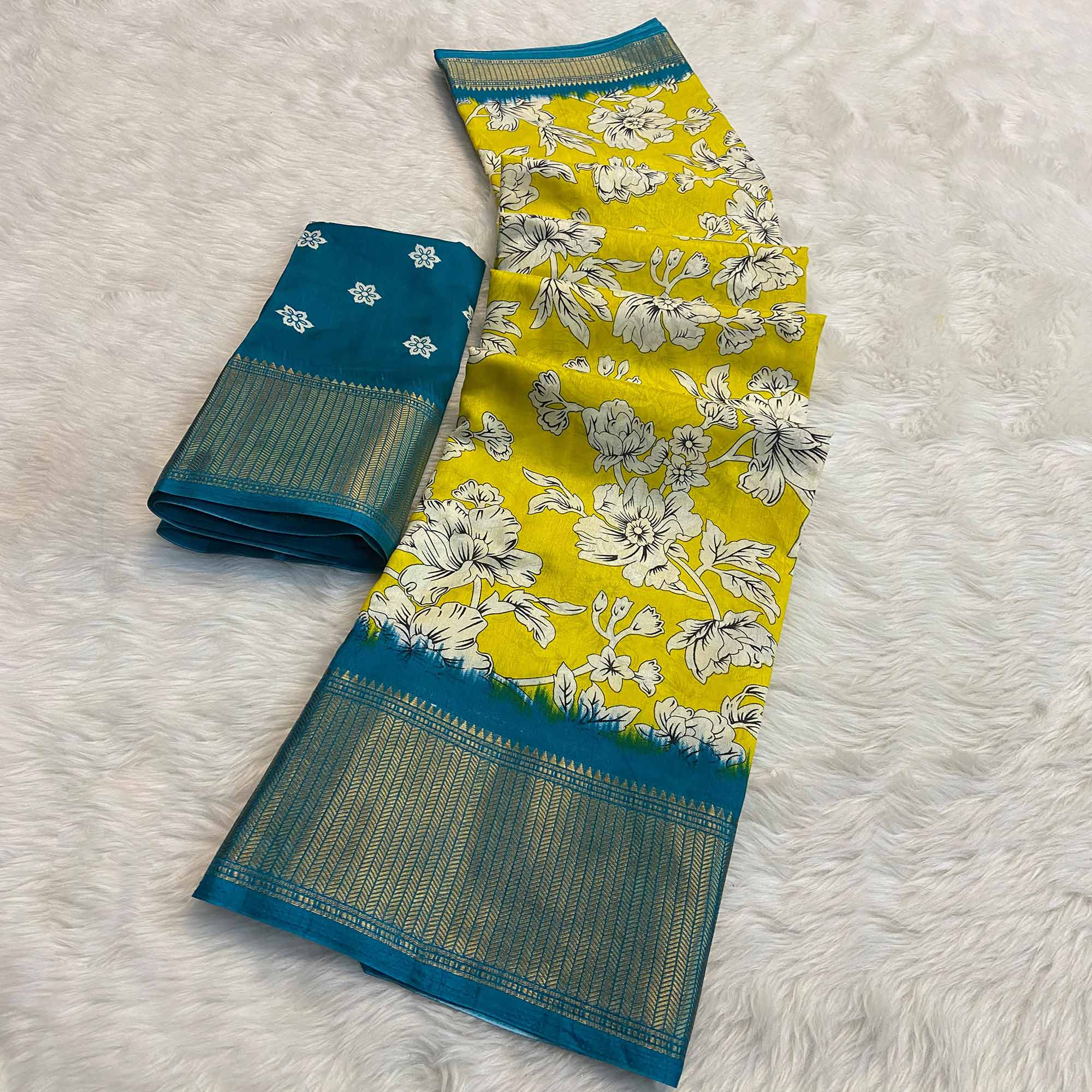 Lemon Yellow & Rama Floral Printed Dola Silk Saree With Woven Border