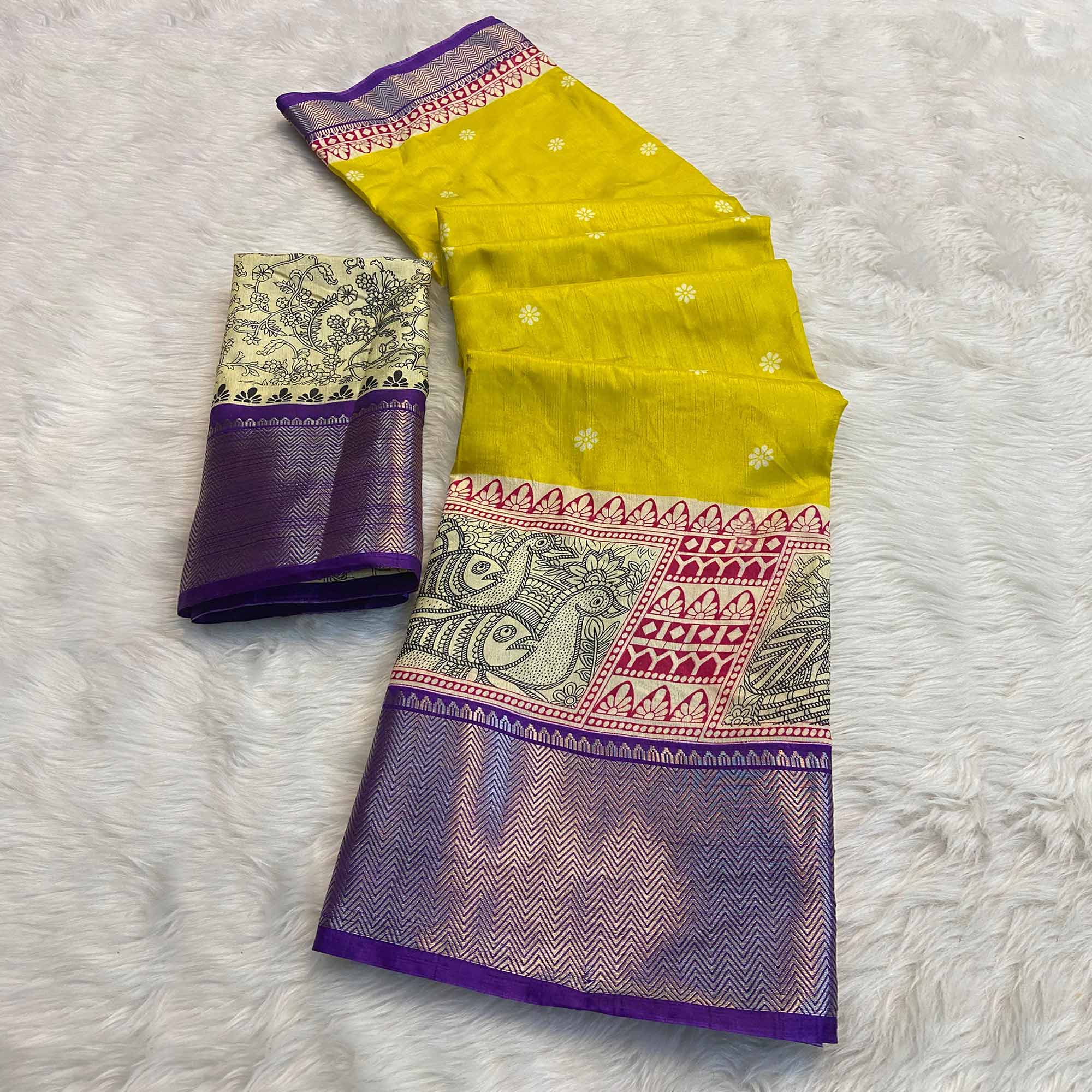 Lemon Yellow & Purple Floral Printed Dola Silk Saree With Woven Border