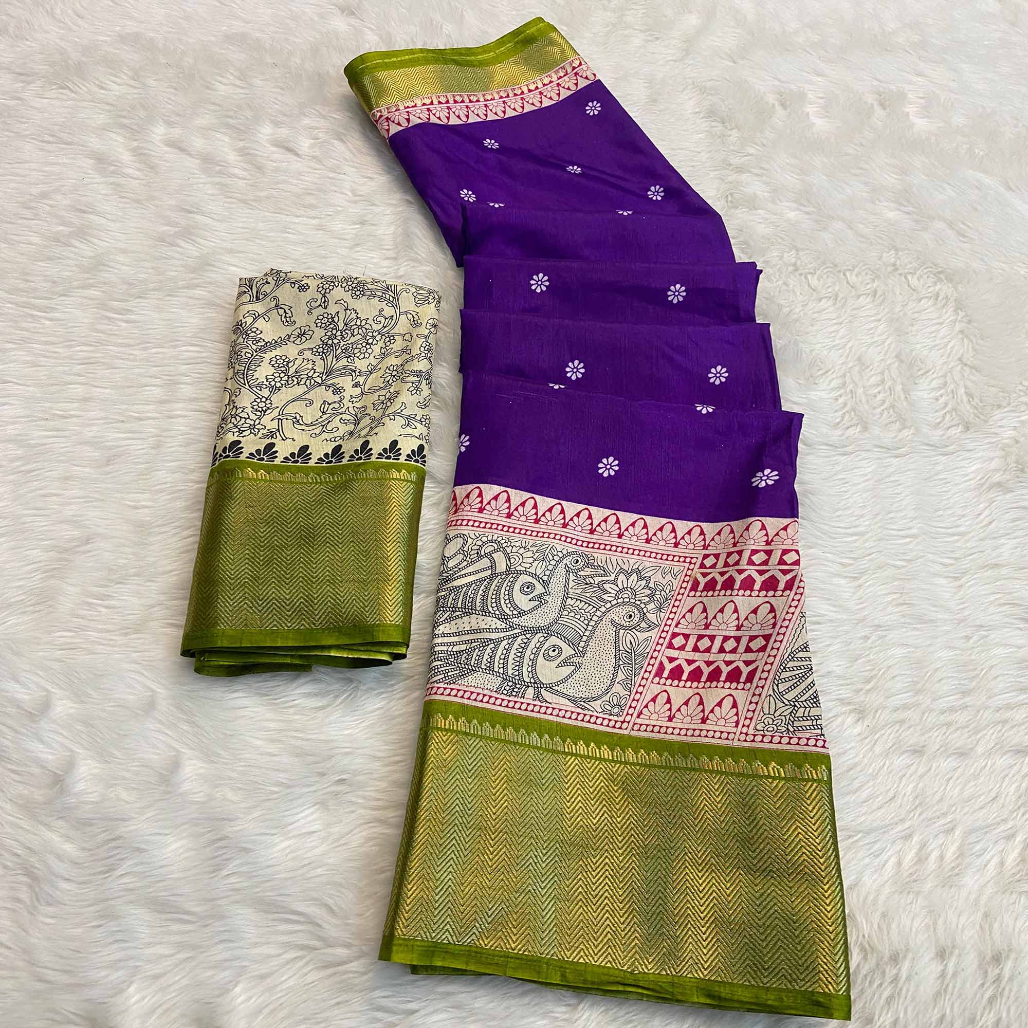 Purple & Green Floral Printed Dola Silk Saree With Woven Border