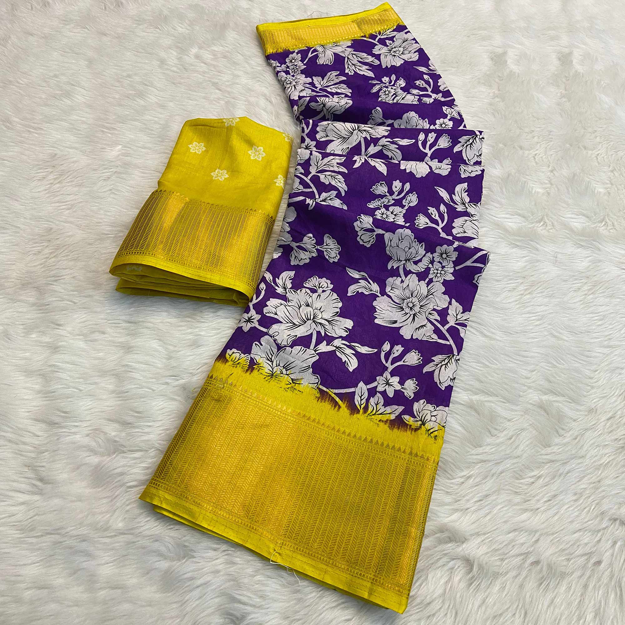 Purple & Yellow Floral Printed Dola Silk Saree With Woven Border