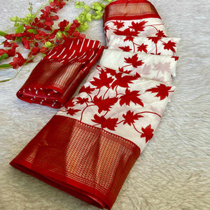 Red Geometric Printed Dola Silk Saree With Woven Border