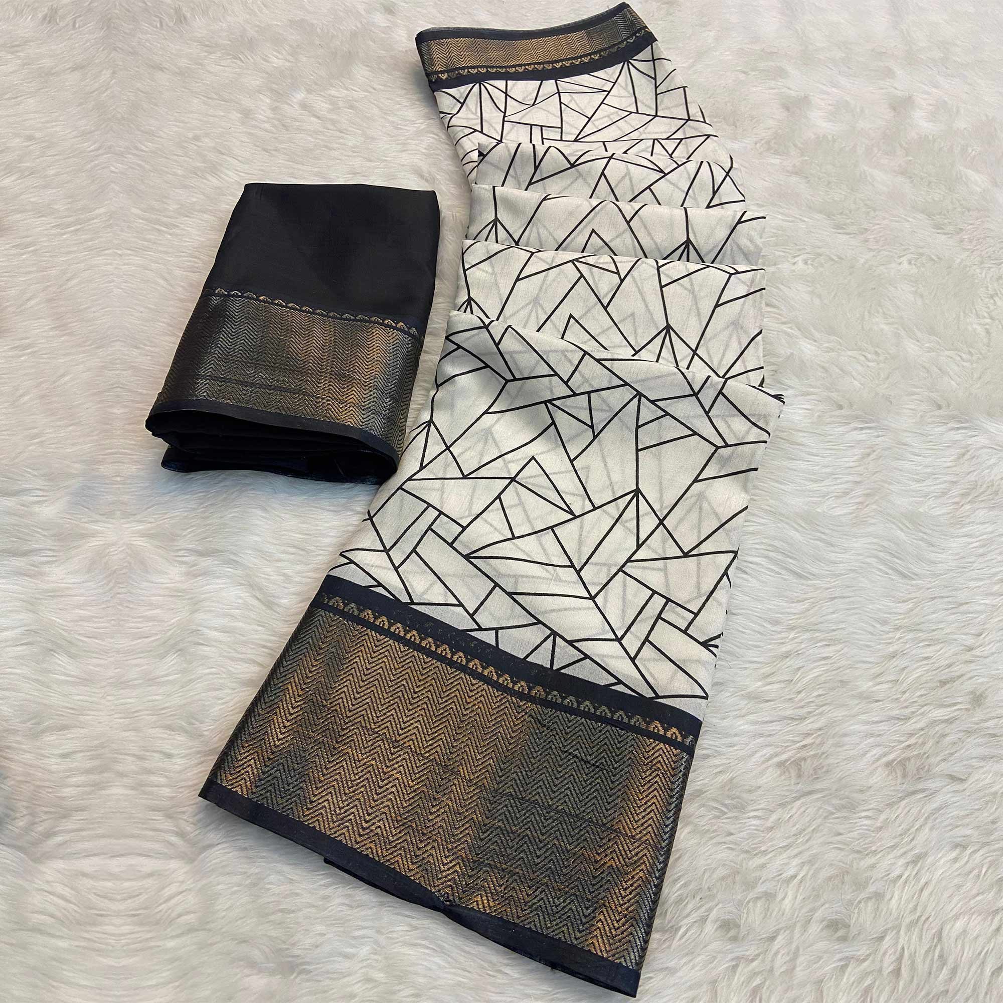 White Geometric Printed Dola Silk Saree With Woven Border