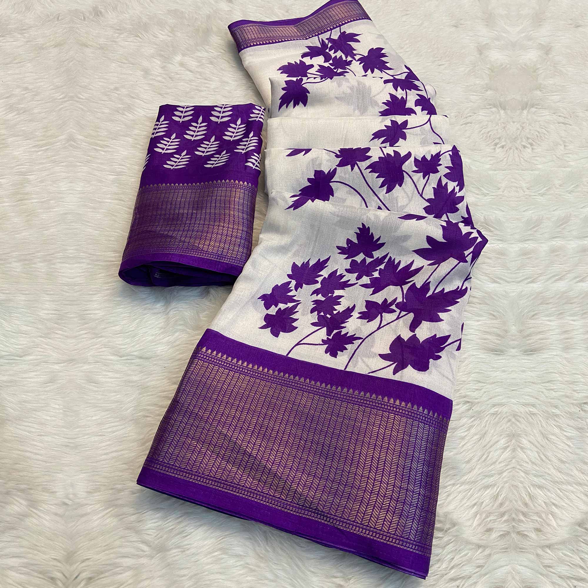 White & Purple Floral Printed Dola Silk Saree With Woven Border