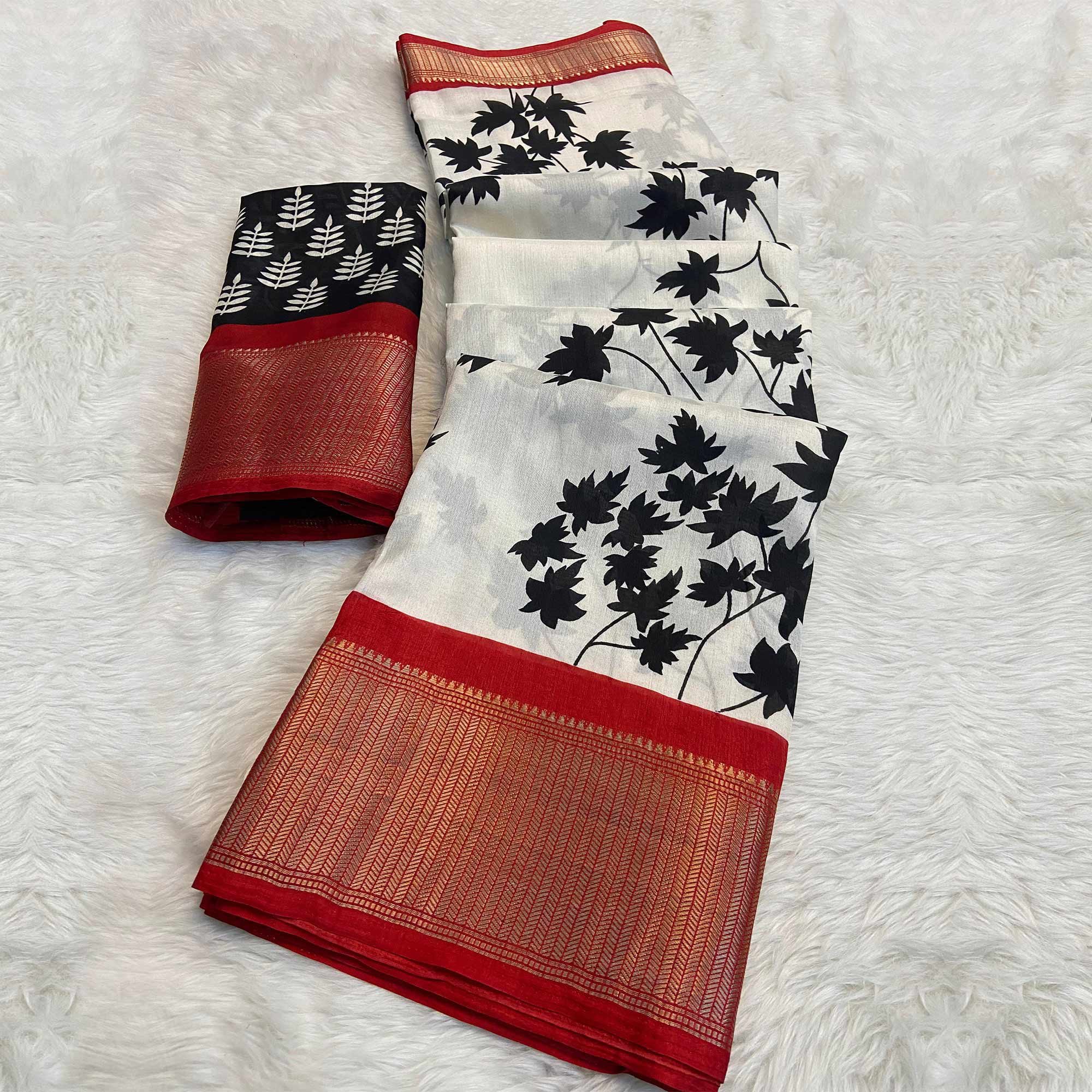 White & Red Floral Printed Dola Silk Saree With Woven Border