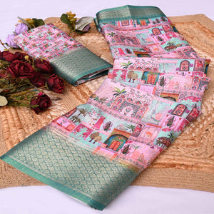 Pink & Green Printed Dola Silk Saree With Elegant Silver Zari & Intricate Weaving Border