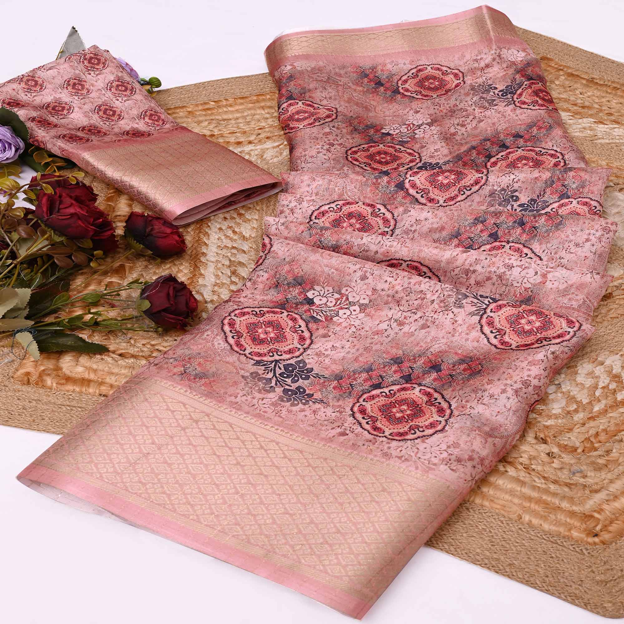 Peach Floral Printed Dola Silk Saree With Elegant Silver Zari & Intricate Weaving Border