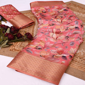 Salmon Pink Floral Printed Dola Silk Saree With Elegant Silver Zari & Intricate Weaving Border