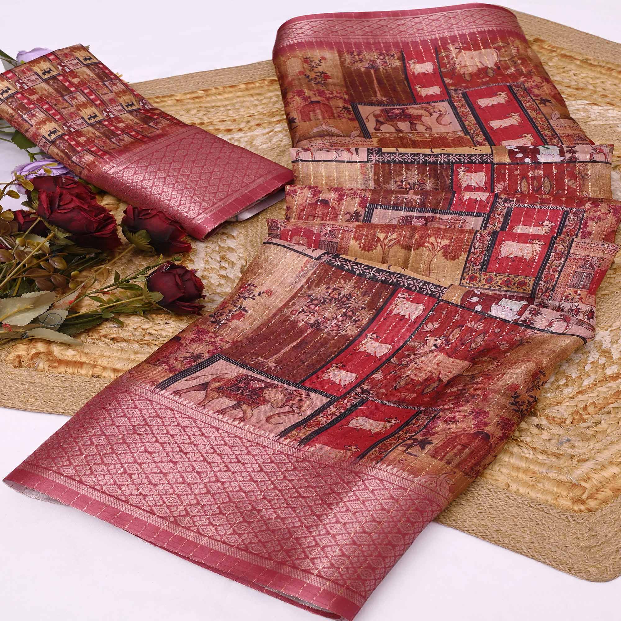 Multicolor Printed Dola Silk Saree With Elegant Silver Zari & Intricate Weaving Border