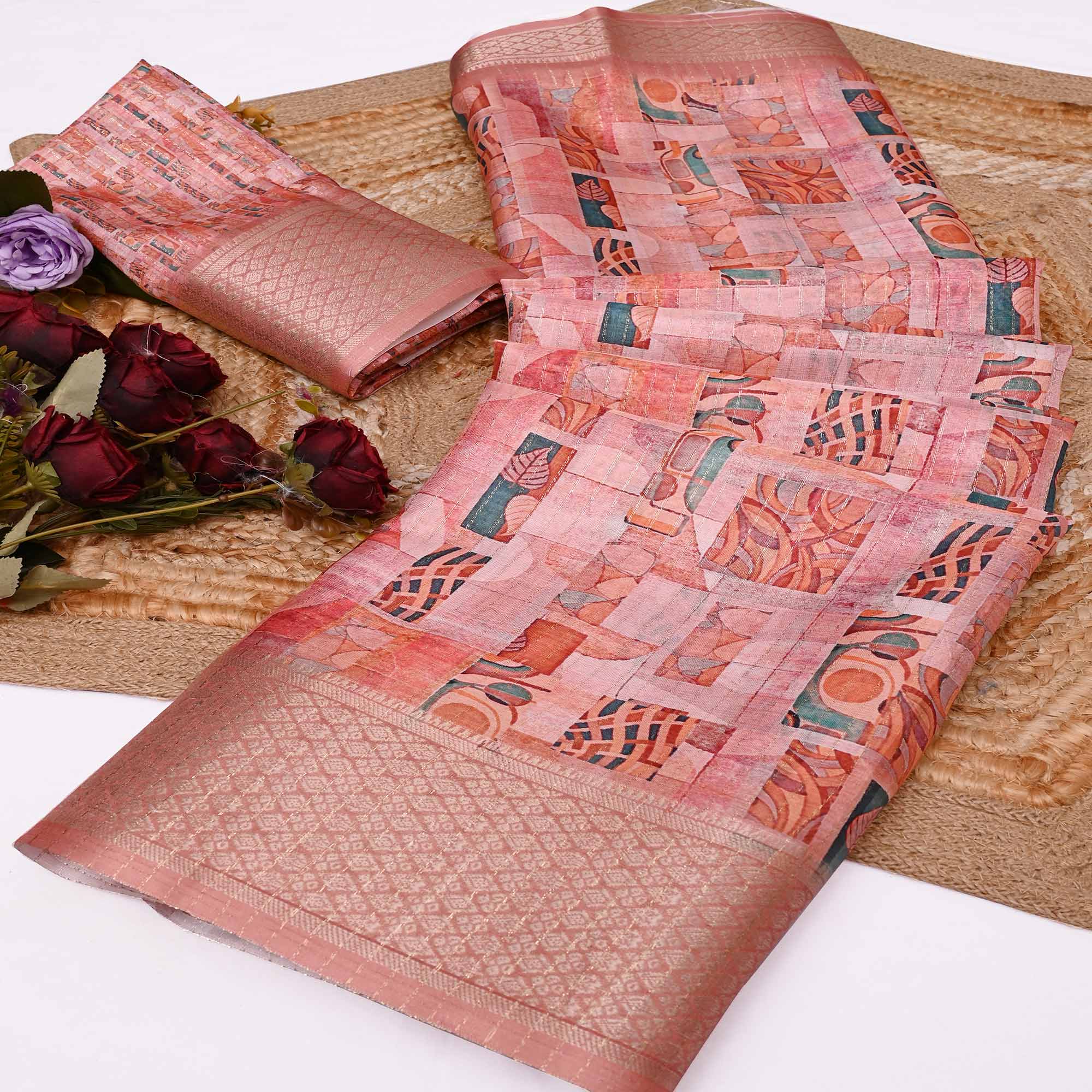 Light Peach Geometric Printed Dola Silk Saree With Elegant Silver Zari & Intricate Weaving Border