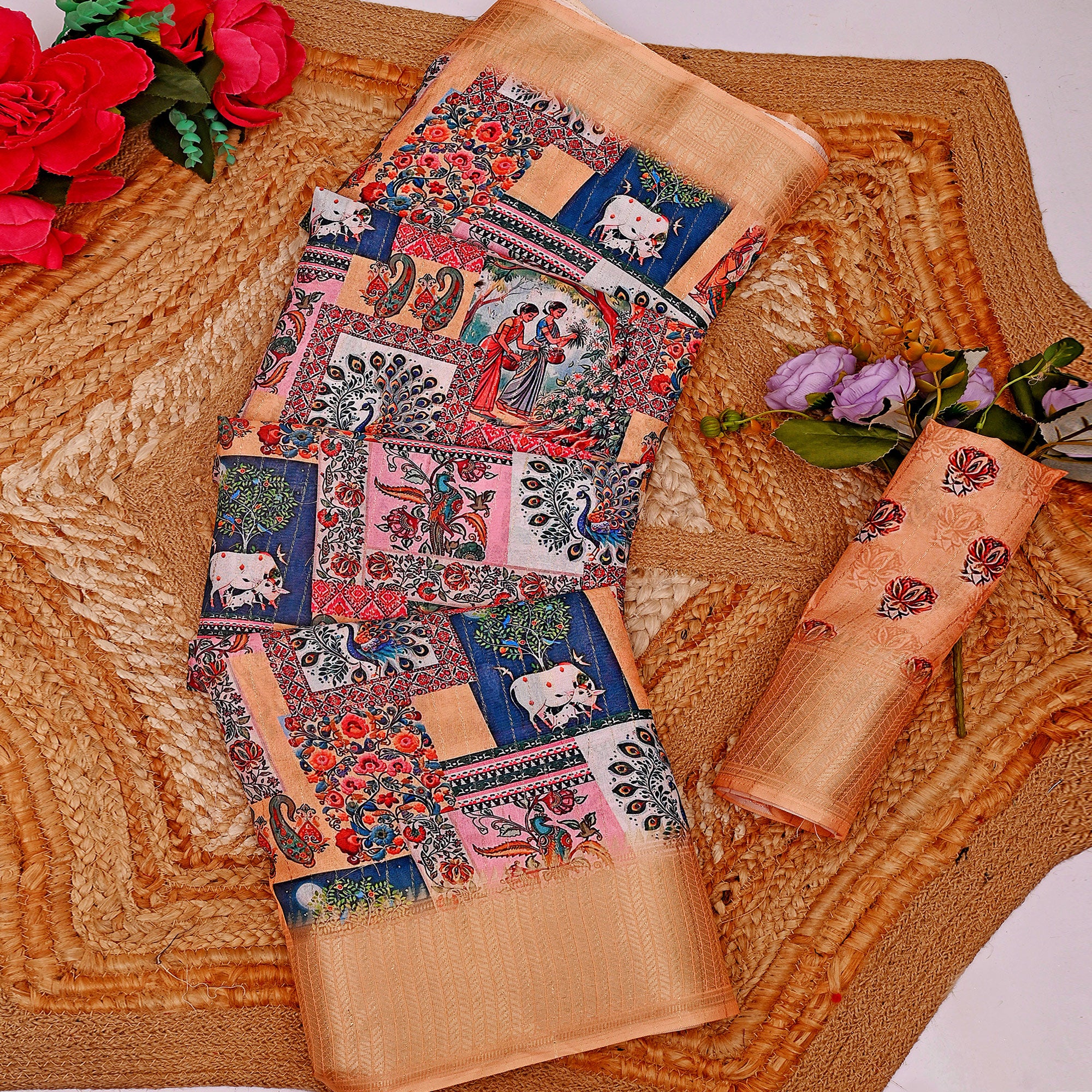 Peach Floral Printed Dola Silk Saree With Elegant Silver Zari & Intricate Weaving Border