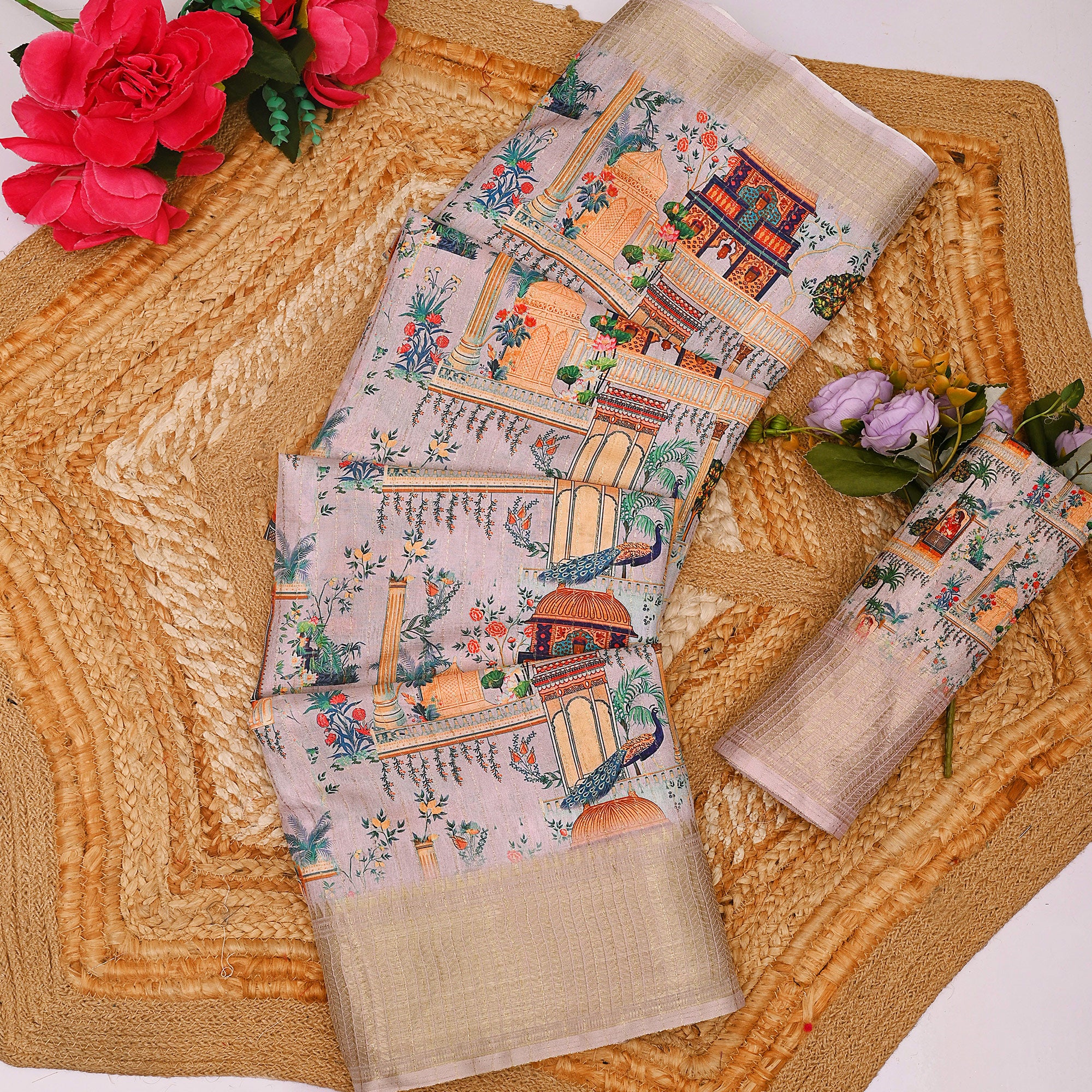 Light Grey Floral Printed Dola Silk Saree With Elegant Silver Zari & Intricate Weaving Border