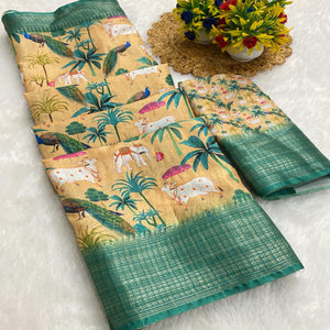 Mustard Beige Floral Printed Dola Silk Saree With Elegant Silver Zari & Intricate Weaving Border