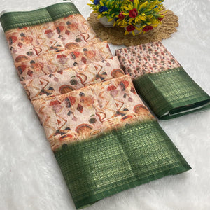 Beige Floral Printed Dola Silk Saree With Elegant Silver Zari & Intricate Weaving Border