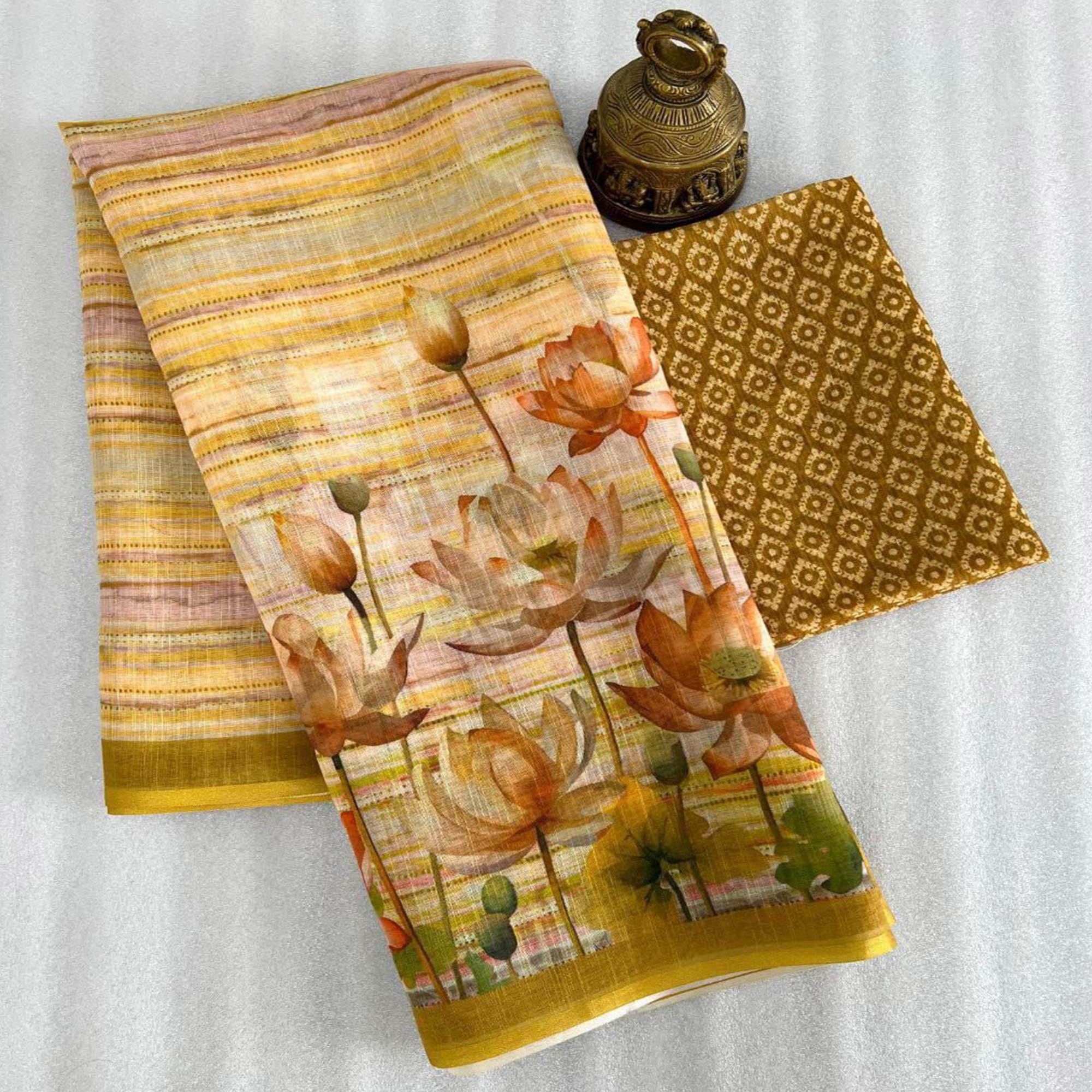 Beige Floral Printed Linen Saree