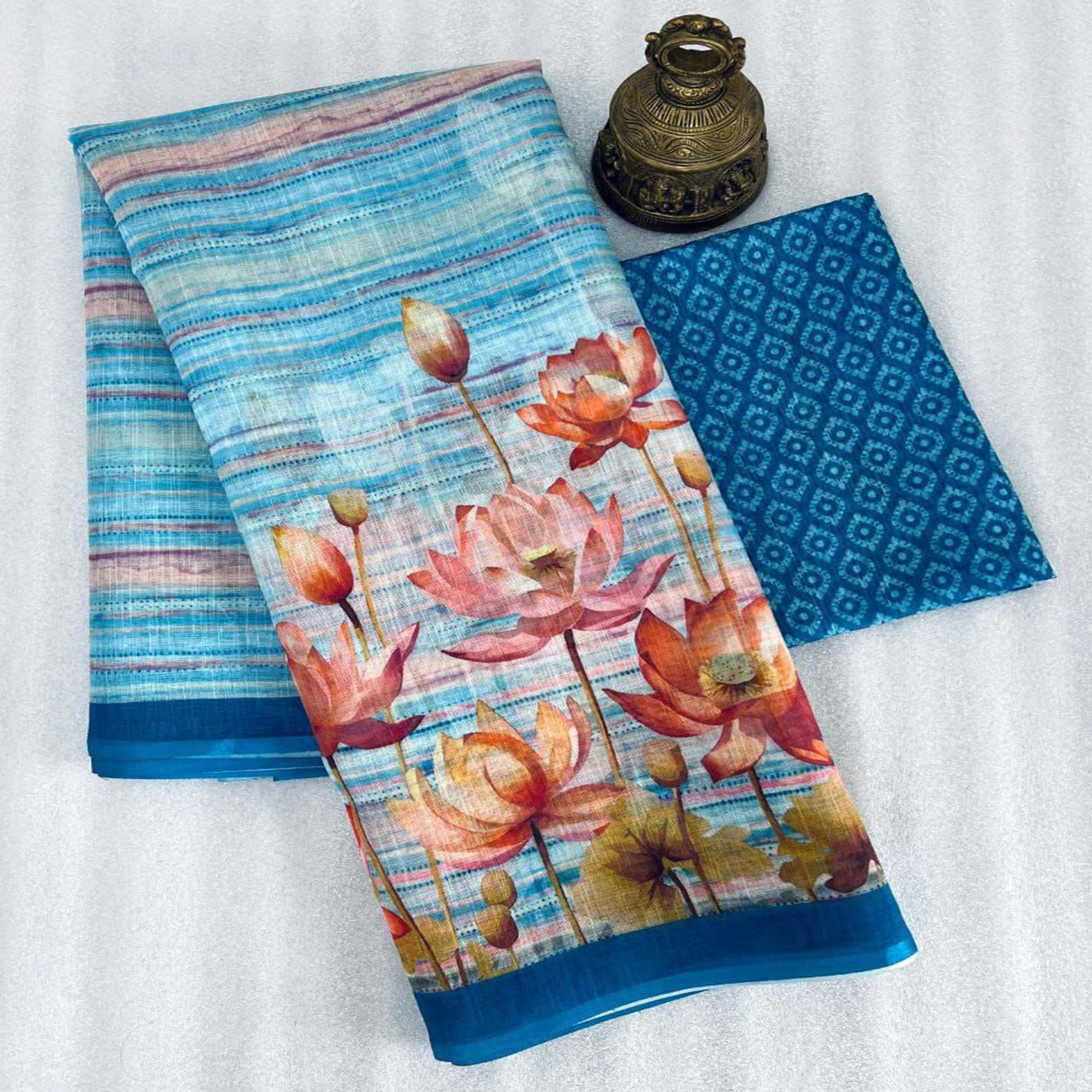 Blue Floral Printed Linen Saree