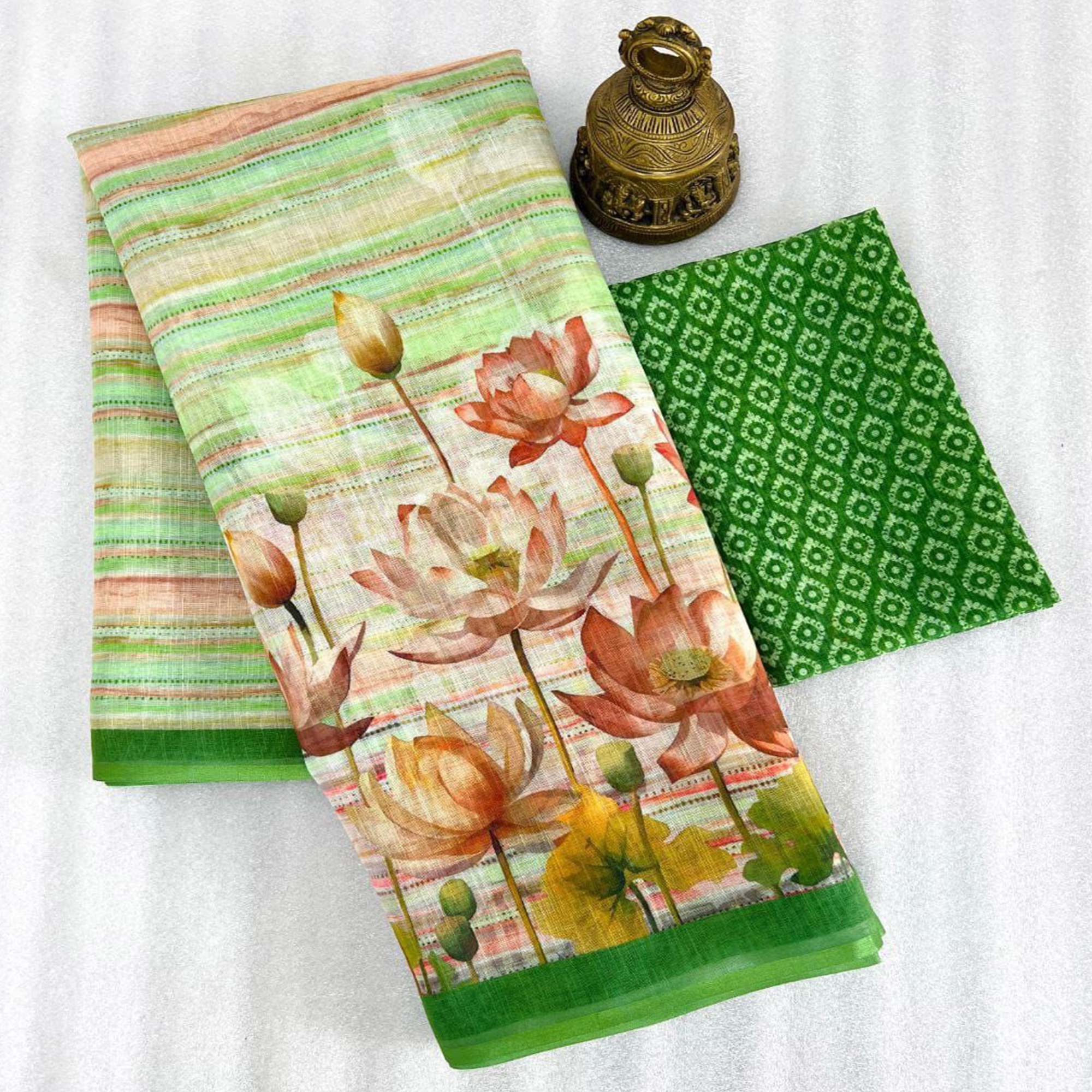 Green Floral Printed Linen Saree