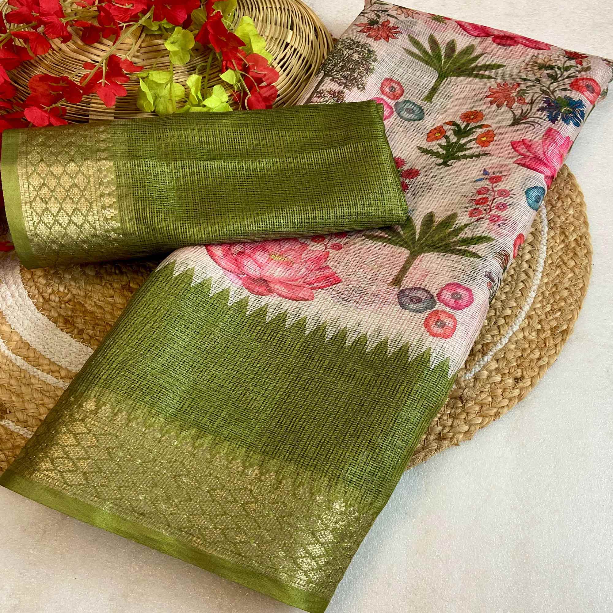 White & Green Floral Printed Kota Doria Saree