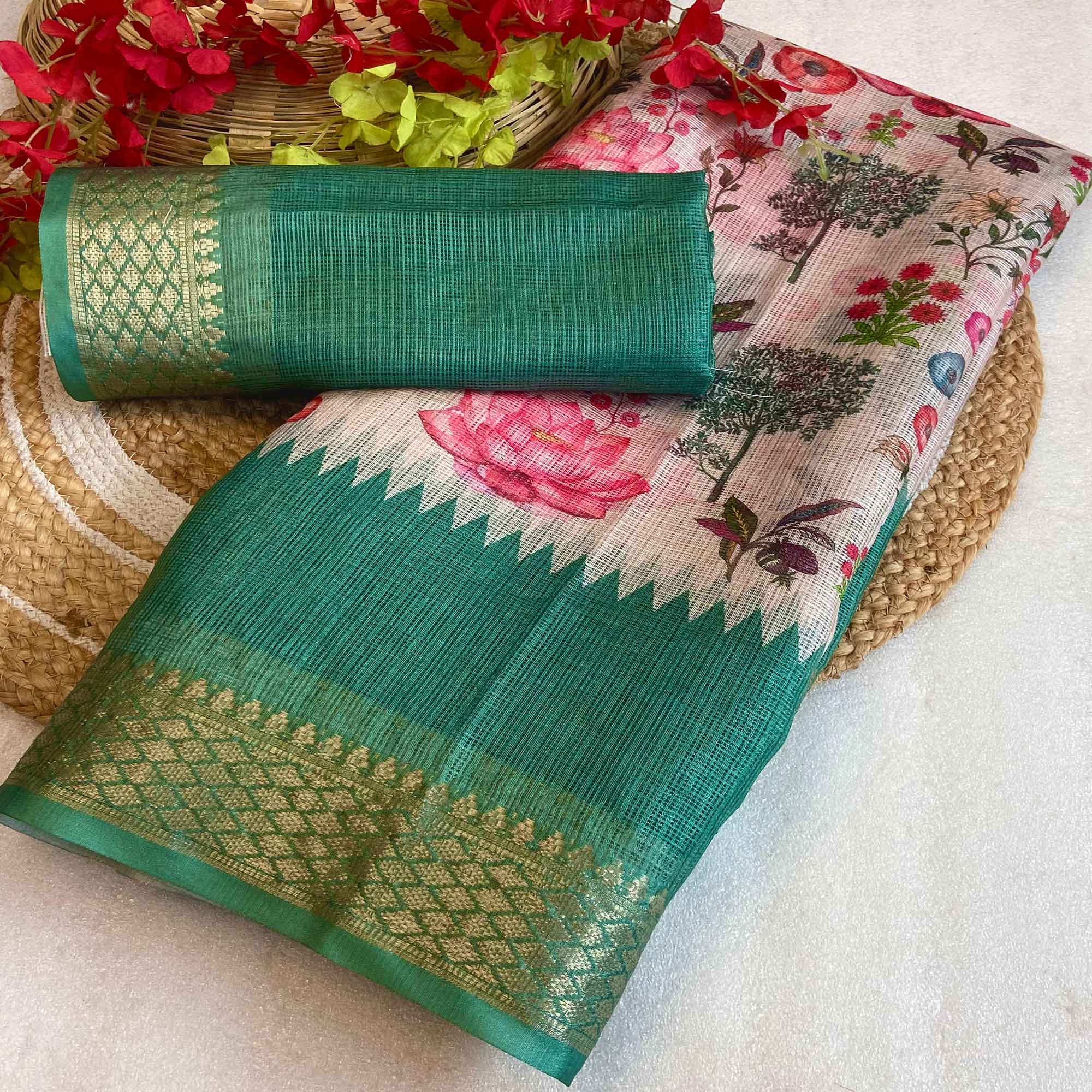 White & Rama Green Floral Printed Kota Doria Saree