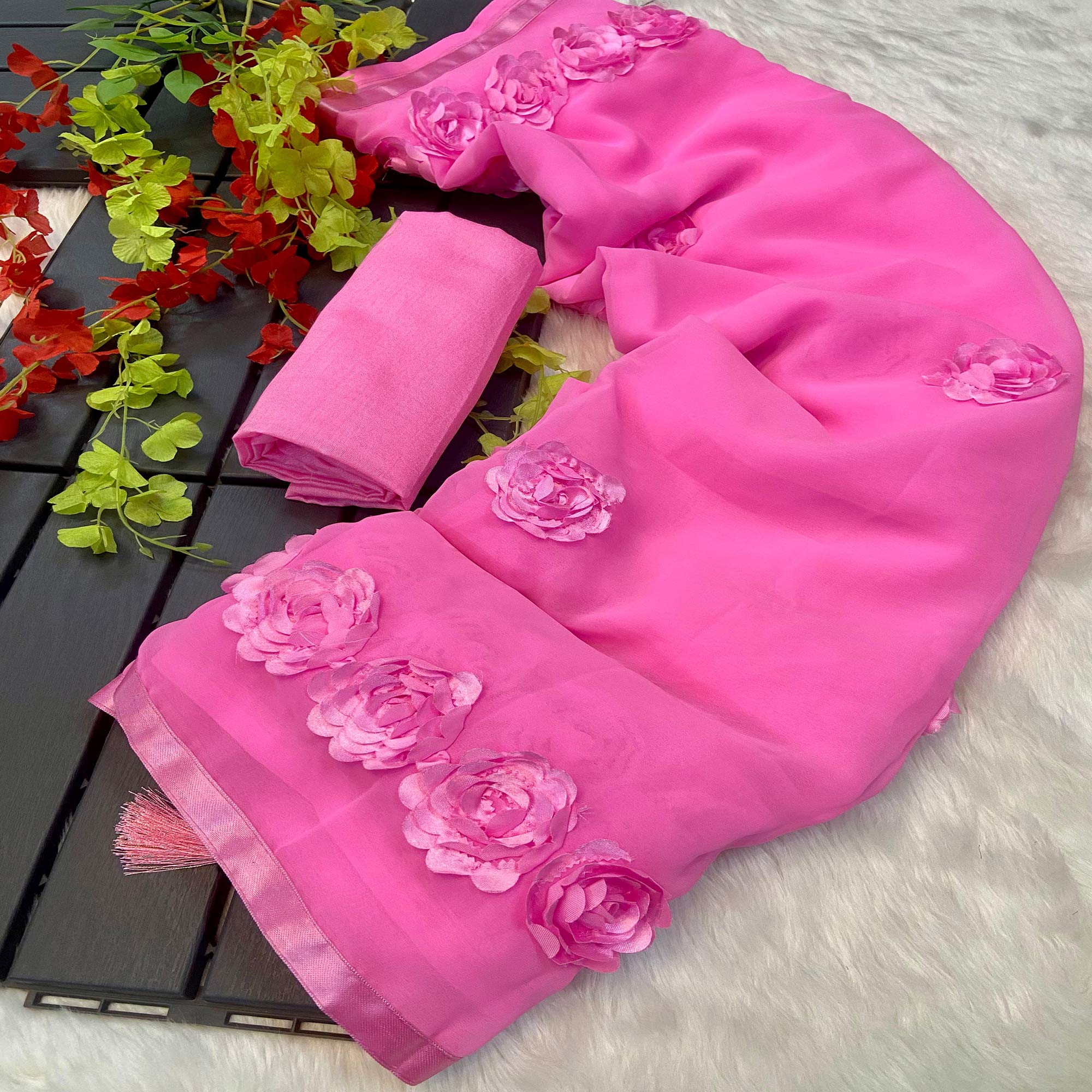 Pink Ribbon Flower Embroidered Georgette Saree