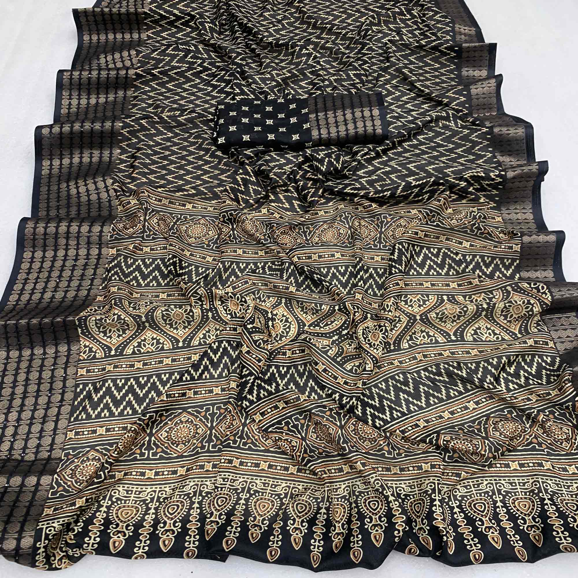 Black Zig-Zag Printed Dola Silk Saree With Zari Border