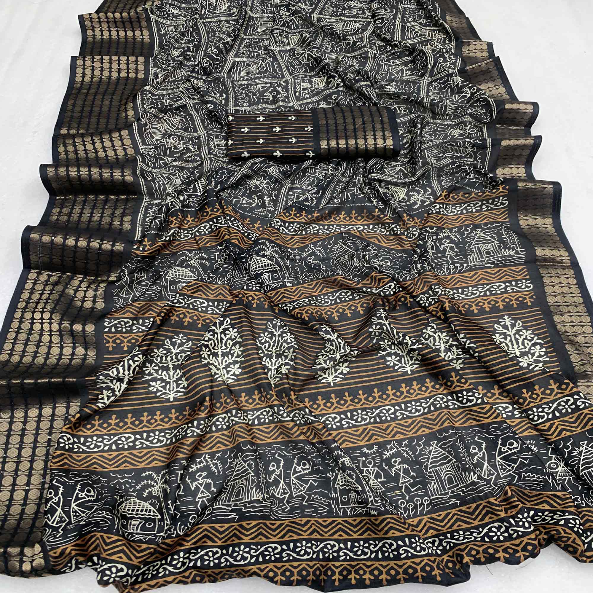 Black Warli Printed Dola Silk Saree With Zari Border