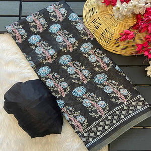 Black Floral Printed Linen Saree With Zari Border