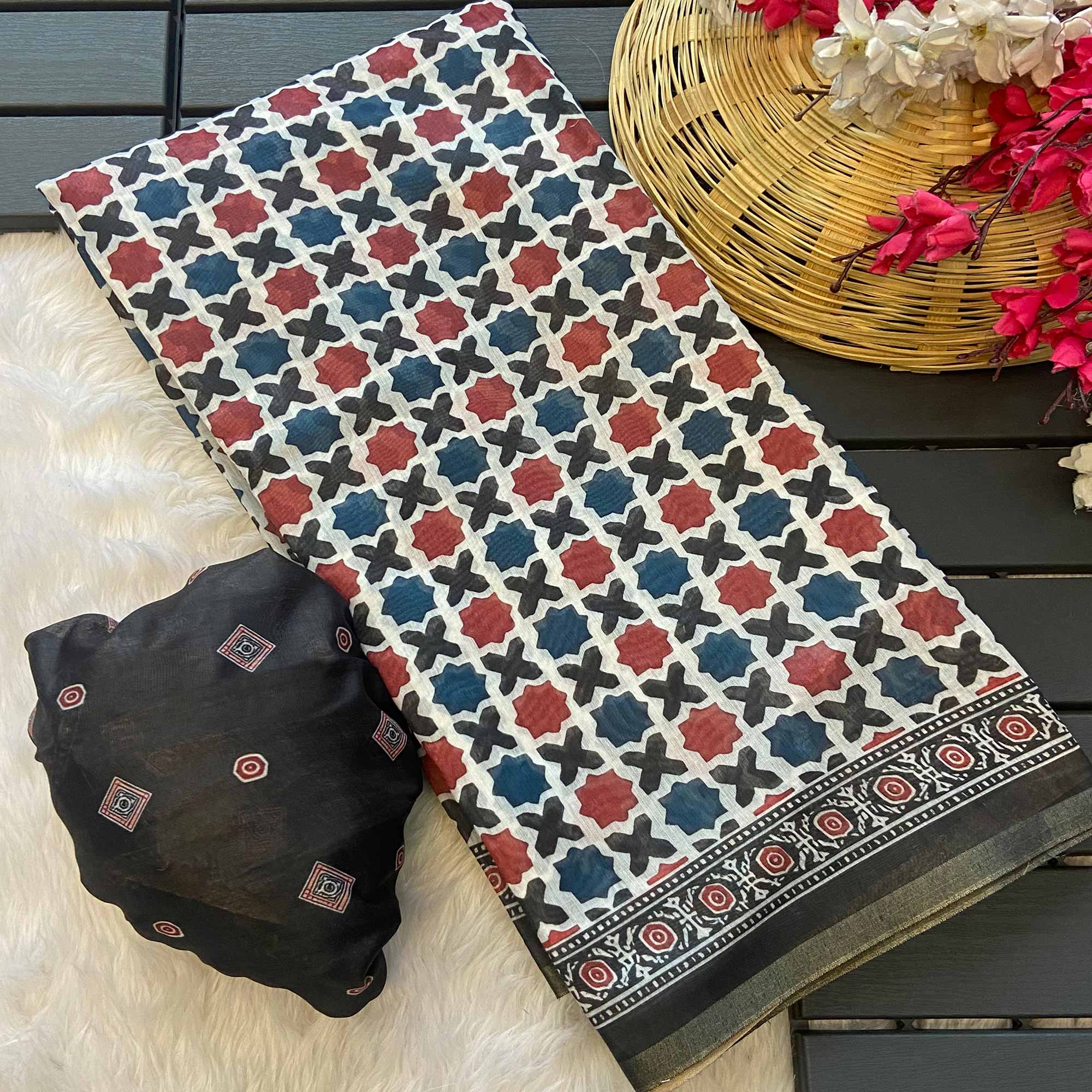 Multicolor Geometric Printed Linen Saree With Zari Border