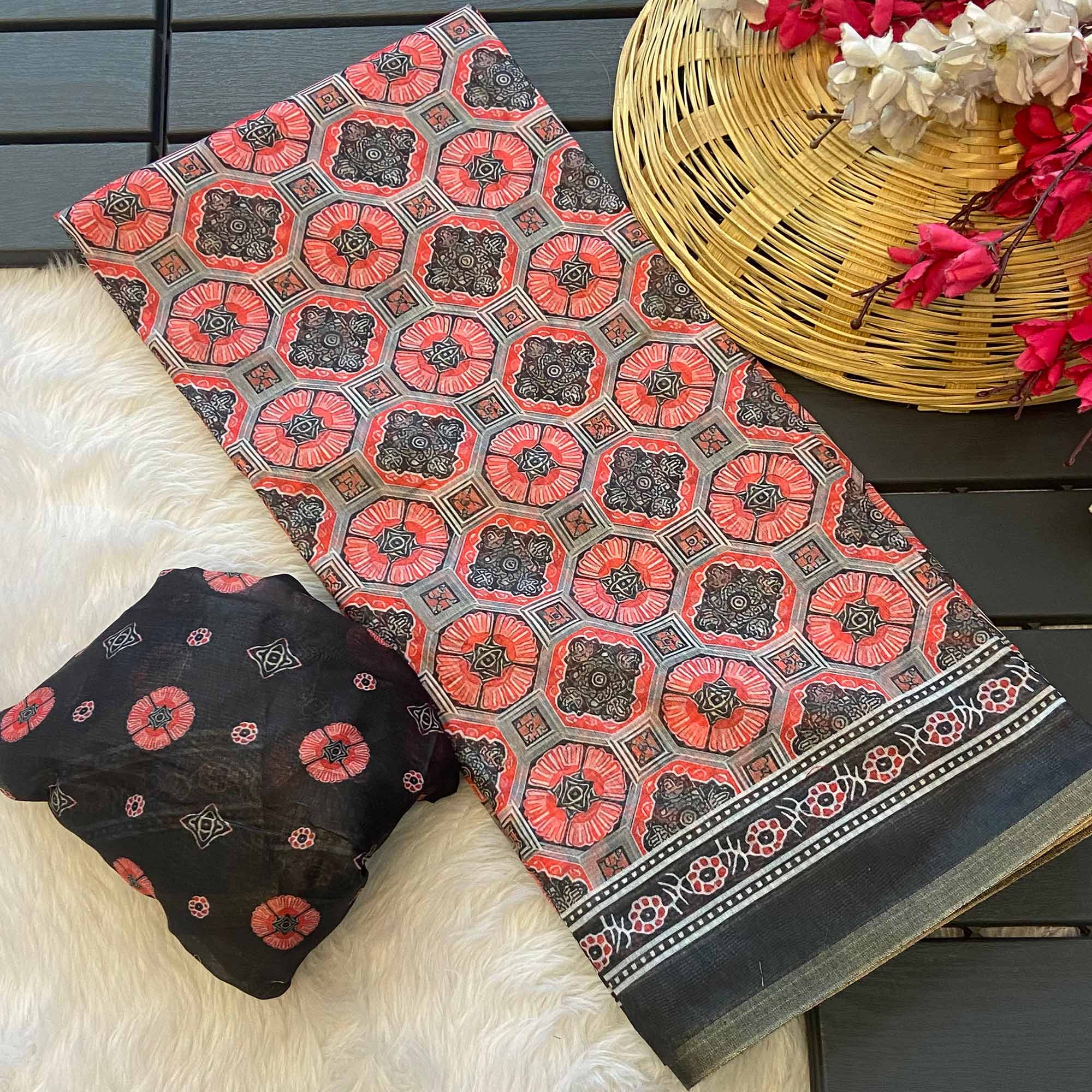 Pink & Black Floral Printed Linen Saree With Zari Border