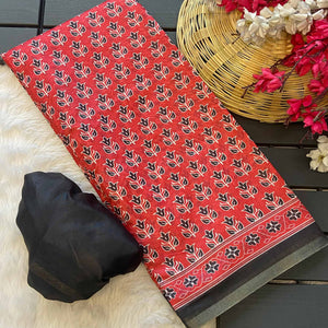 Red Floral Printed Linen Saree With Zari Border