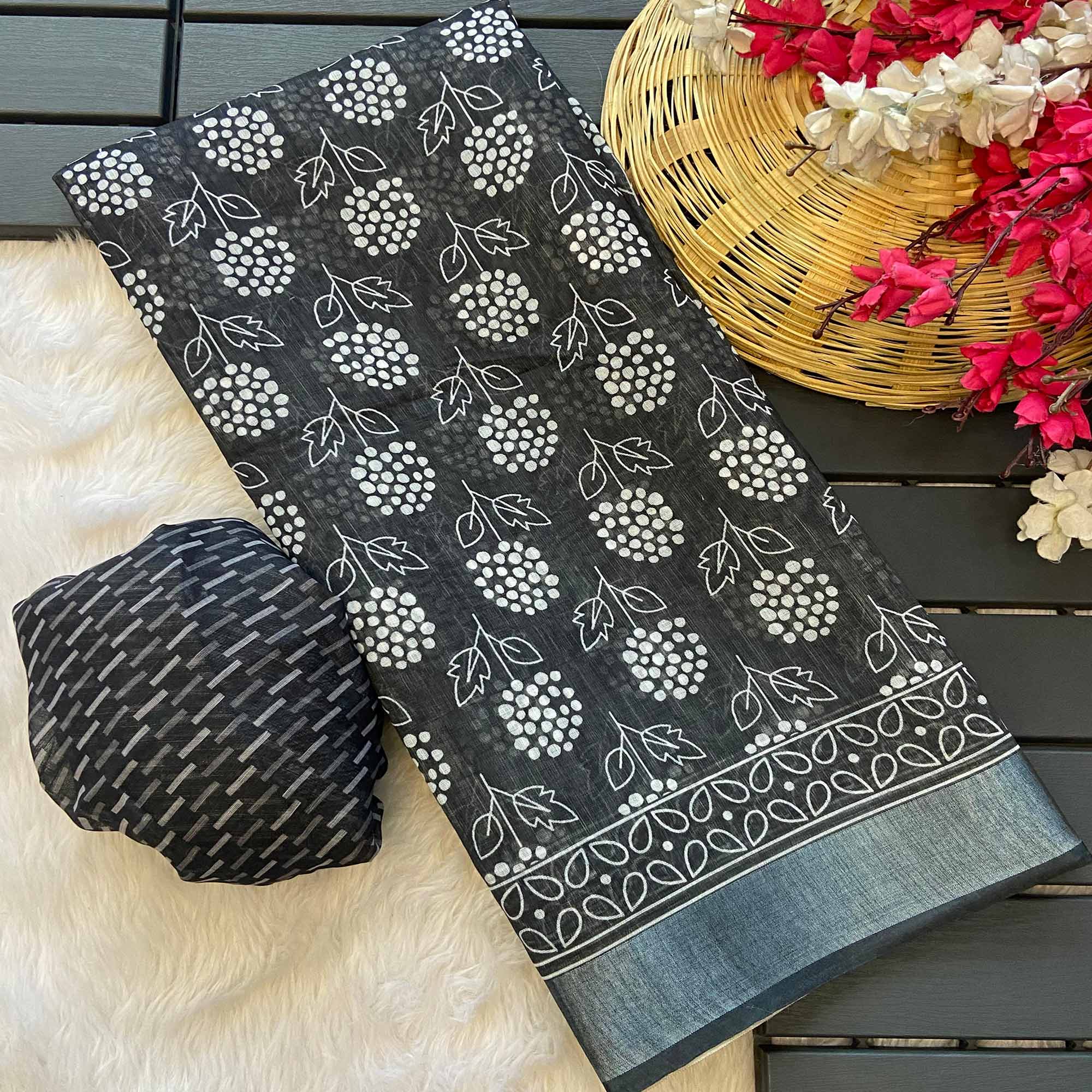 Black Floral Printed Linen Saree With Zari Border