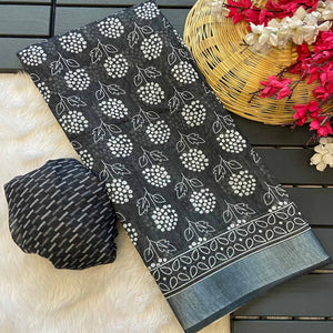 Black Floral Printed Linen Saree With Zari Border