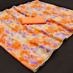 Orange Abstract Printed Georgette Saree