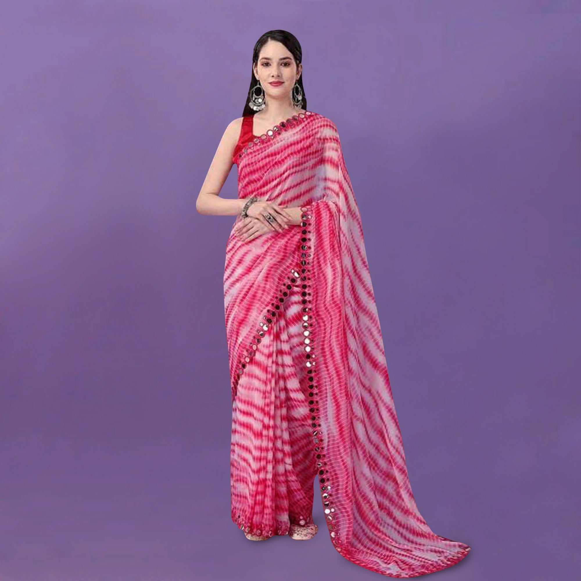 Pink Printed With Fancy Mirror Georgette Saree