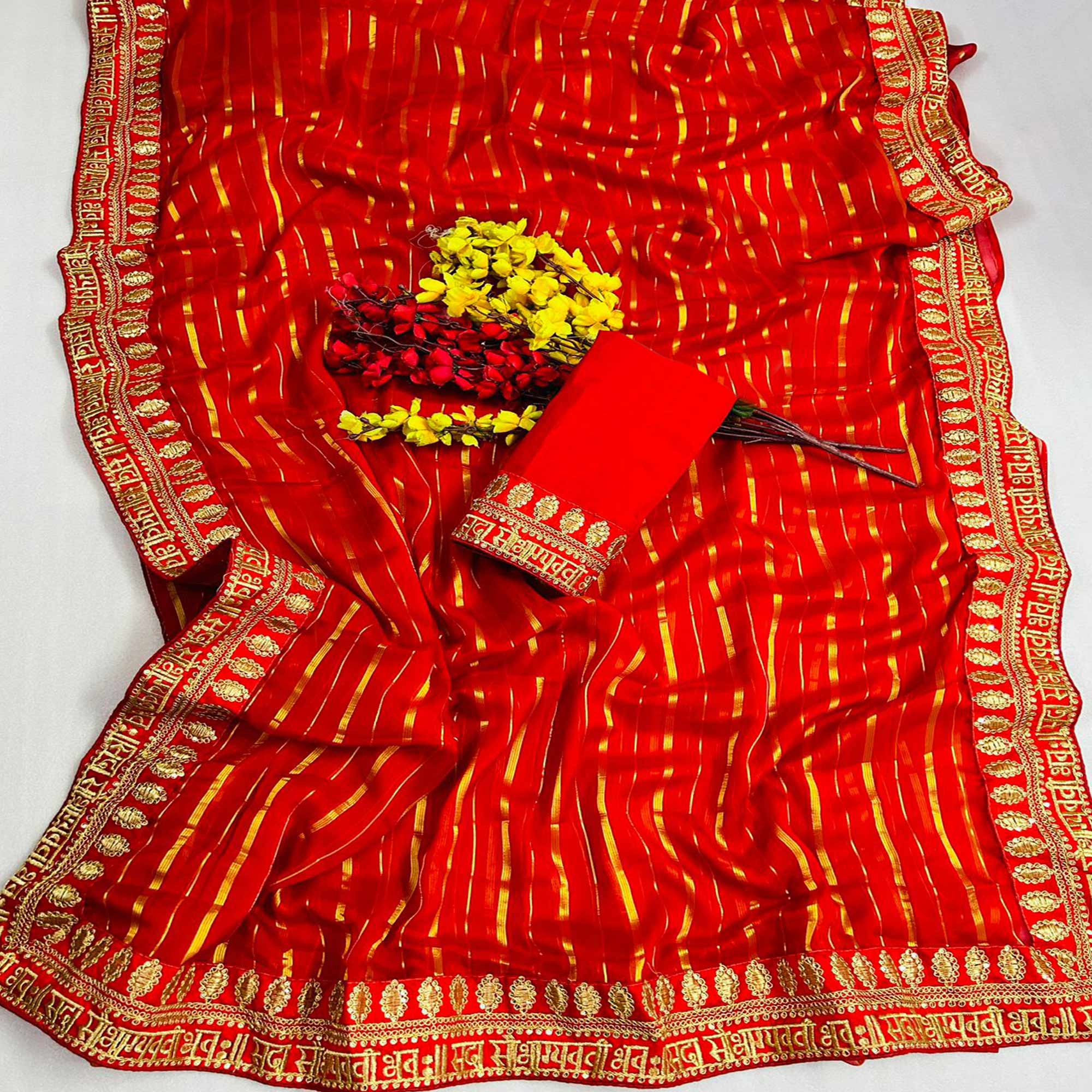 Red Woven Chiffon Saree With Embroidered Border