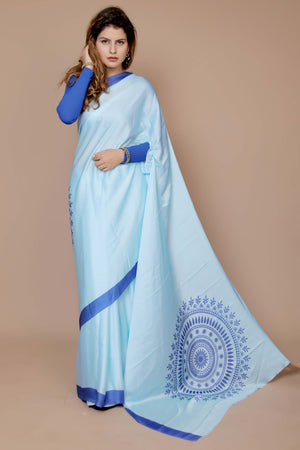 Blue Designer Freehand Saree In Satin Georgette With Striking Digital Print