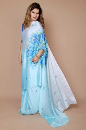 Blue & White Designer Freehand Ombre Saree In Satin Georgette With Striking Digital Print