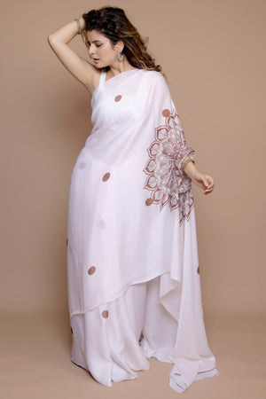 Cream Designer Freehand Saree In Satin Georgette With Striking Digital Print
