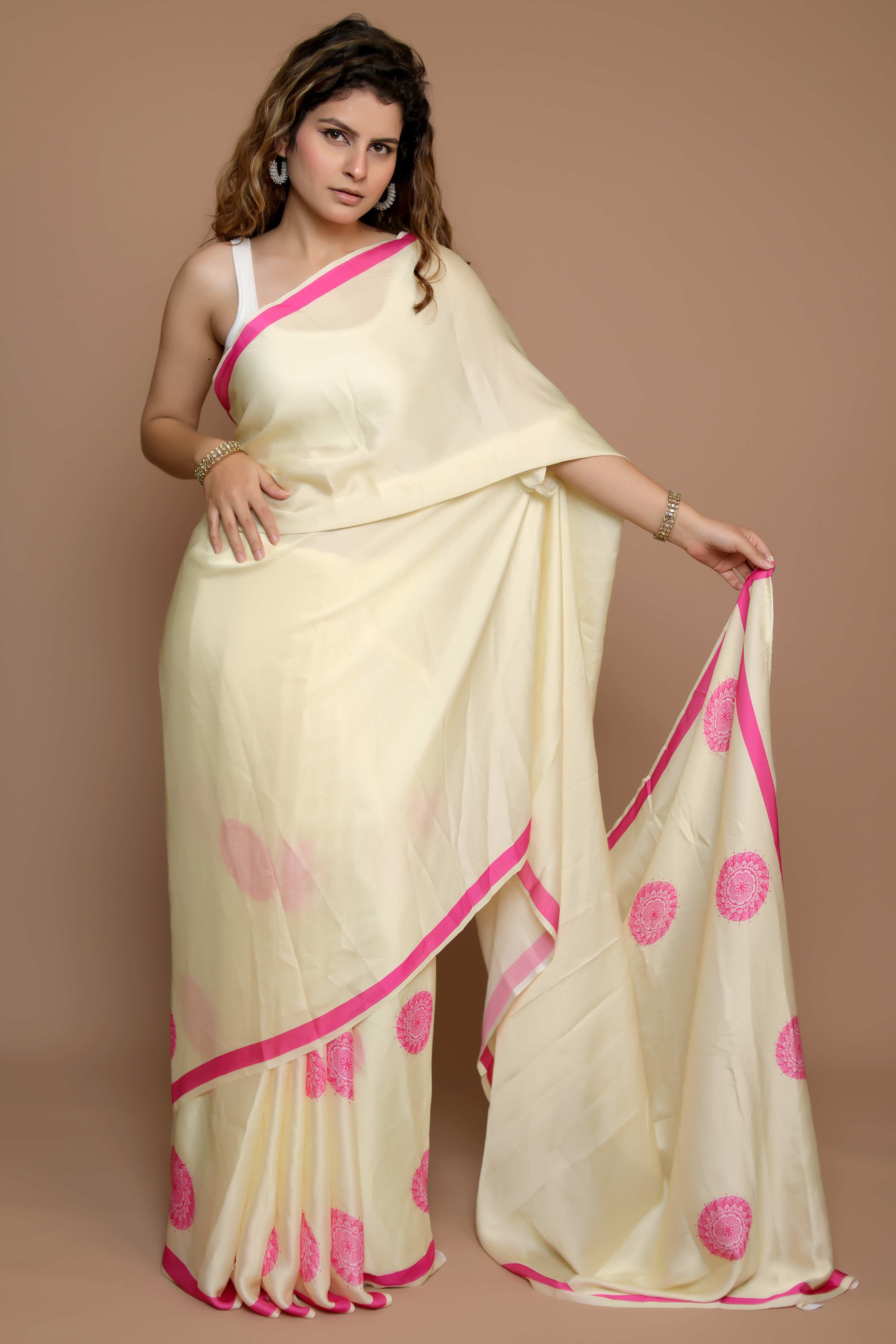 Light Yellow Designer Freehand Saree In Satin Georgette With Striking Digital Print