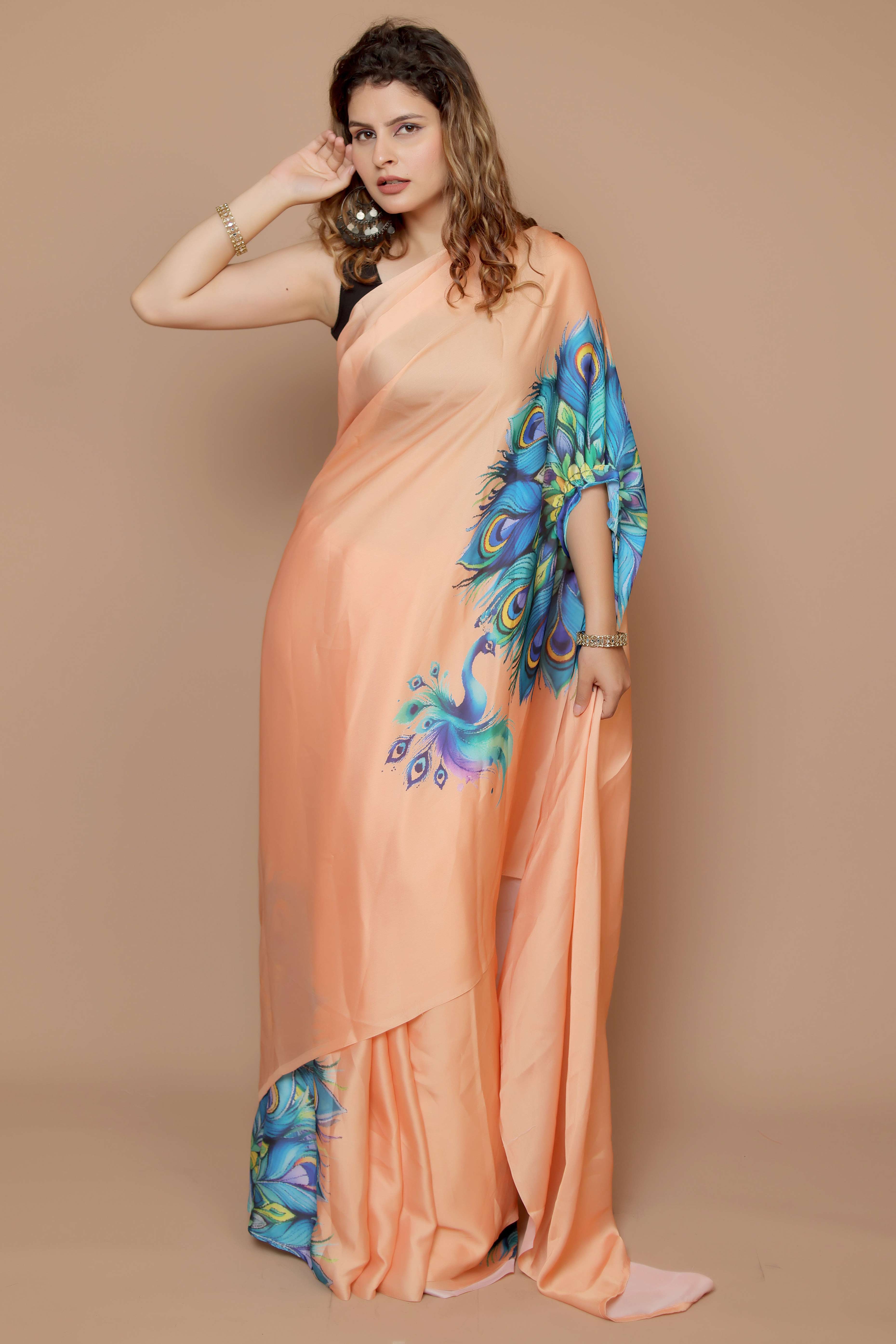 Light Orange Designer Freehand Saree In Satin Georgette With Striking Digital Print