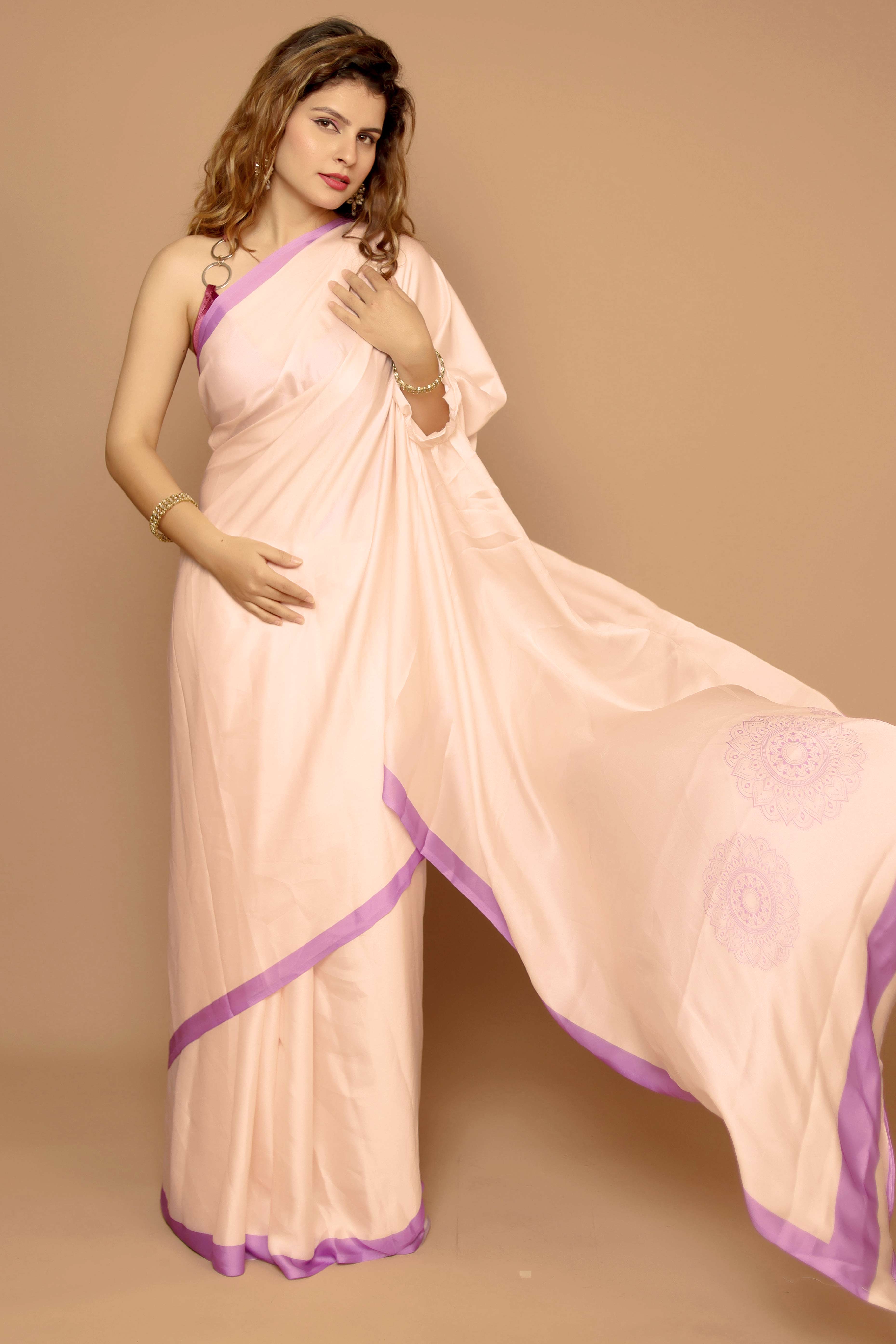 Peach Designer Freehand Saree In Satin Georgette With Striking Digital Print - Image 1