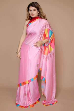 Pink Designer Freehand Saree In Satin Georgette With Striking Digital Print